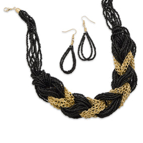 Thick Black Braided Multistrand Fashion Necklace and Earring Set
