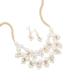 Gold Tone Pearl Cluster Bib Fashion Necklace and Earring Set