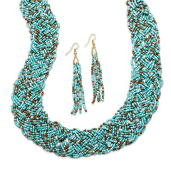 Woven Blue Glass Seed Bead Fashion Necklace and Earring Set