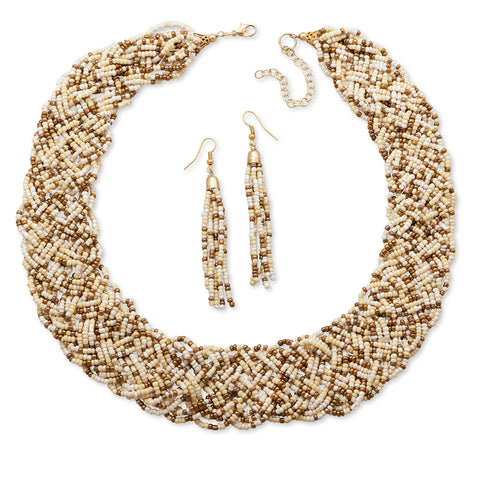 Woven Ivory Glass Seed Bead Fashion Necklace and Earring Set