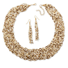 Woven Ivory Glass Seed Bead Fashion Necklace and Earring Set