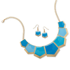 Blue Pentagon Link Fashion Necklace and Earring Set