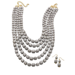 Graduated Multistrand Grey Bead Fashion Necklace and Earring Set