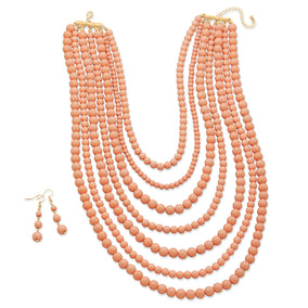 Graduated Multistrand Peach Bead Fashion Necklace and Earring Set