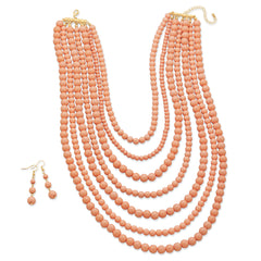 Graduated Multistrand Peach Bead Fashion Necklace and Earring Set