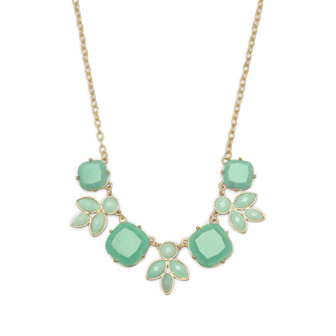 18" + 3" Gold Tone Fashion Necklace with Sea Green Leaf Design