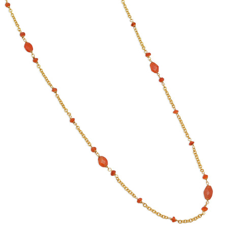 36" Ultra Long 14 Karat Gold Plated Brass Necklace with Carnelian Beads