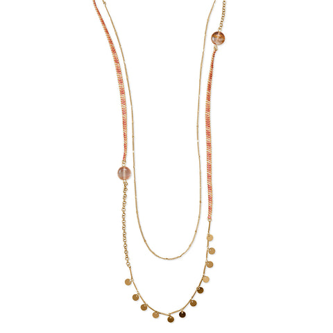 38.5" Double Strand 18K Gold Plated Copper Necklace with Pink Quartz