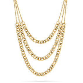 Triple Strand Gold Tone Curb Chain Fashion Necklace