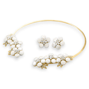 Gold Tone Simulated Pearl and Crystal Floral Fashion Collar and Earring Set