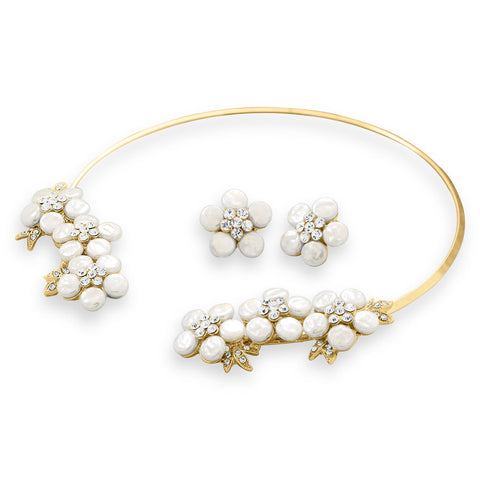 Gold Tone Simulated Pearl and Crystal Floral Fashion Collar and Earring Set