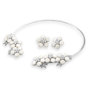 Simulated Pearl and Crystal Floral Fashion Collar and Earring Set