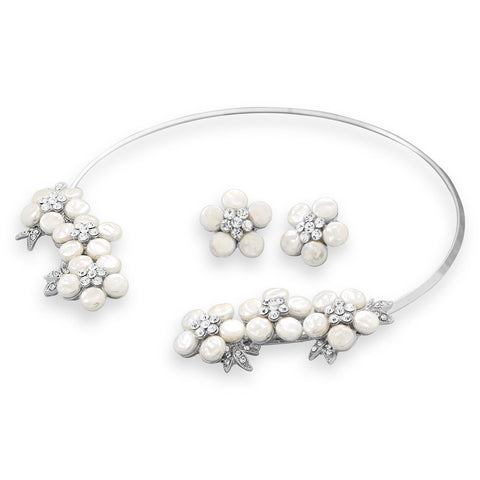 Simulated Pearl and Crystal Floral Fashion Collar and Earring Set