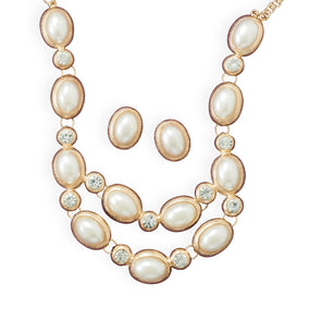 Gold Tone Oval Imitation Pearl Fashion Necklace and Earring Set