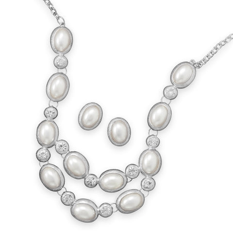 Silver Tone Oval Imitation Pearl Fashion Necklace and Earring Set
