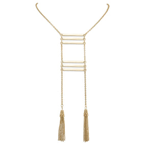 Gold Tone Fashion Ladder Necklace with Tassel Drop