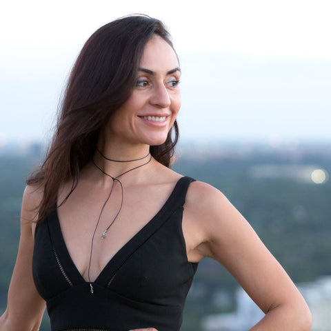 Black Leather Fashion Choker with Labradorite Bead Ends