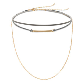 Set of Two Gray Leather and Gold Tone Chain Fashion Chokers