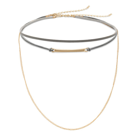 Set of Two Gray Leather and Gold Tone Chain Fashion Chokers