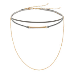 Set of Two Gray Leather and Gold Tone Chain Fashion Chokers