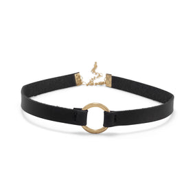 Black Leather with Gold Tone Ring Fashion Choker