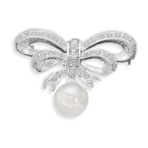 Silver Plated Bow Fashion Pin with Pearl Drop