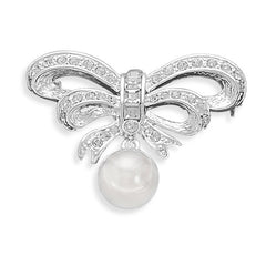 Silver Plated Bow Fashion Pin with Pearl Drop