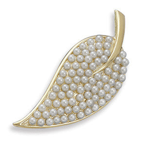 Gold Plated Leaf Fashion Pin with Simulated Pearls
