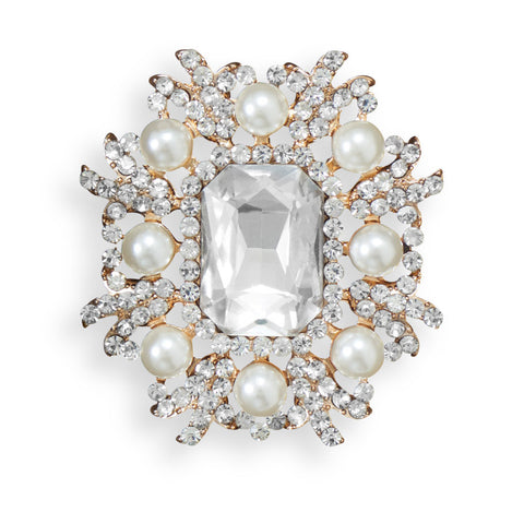 Gold Tone Crystal and Simulated Pearl Fashion Pin
