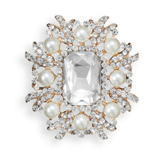 Gold Tone Crystal and Simulated Pearl Fashion Pin