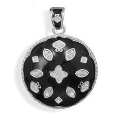 Silver Plated Black Epoxy and Clear Crystal Fashion Pendant