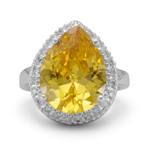 Silver Plated Brass Pear Shape Yellow and Clear CZ Fashion Ring