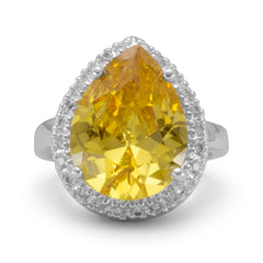 Silver Plated Brass Pear Shape Yellow and Clear CZ Fashion Ring