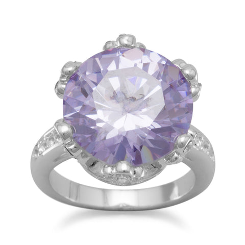 Silver Plated Brass Lavender CZ Fashion Ring with Clear Crystals
