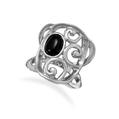 Rhodium Plated Brass and Black Agate Ring