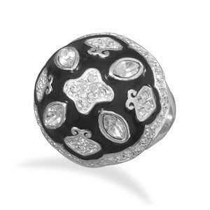 Silver Plated Brass Black Epoxy and Clear Crystal Ring