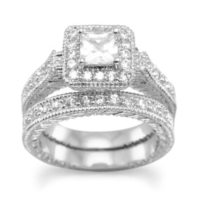 Rhodium Plated Brass and CZ 2 Ring Set