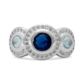 Rhodium Plated Brass Ring with Blue CZs