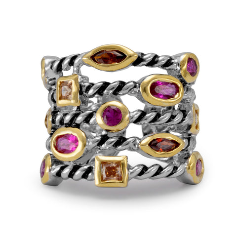 Two Tone Brass Ring with Orange and Red CZs