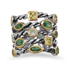 Two Tone Brass Ring with Green and Yellow CZs