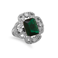 Rhodium Plated Brass Ring with Green and Clear CZs