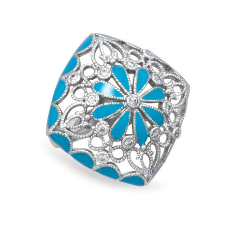 Rhodium Plated Brass Ring with Blue Enamel Floral Design