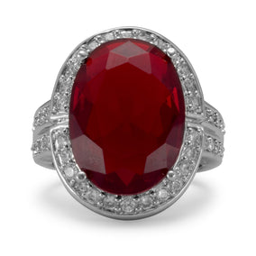 Rhodium Plated Brass Ring with Oval Red CZ