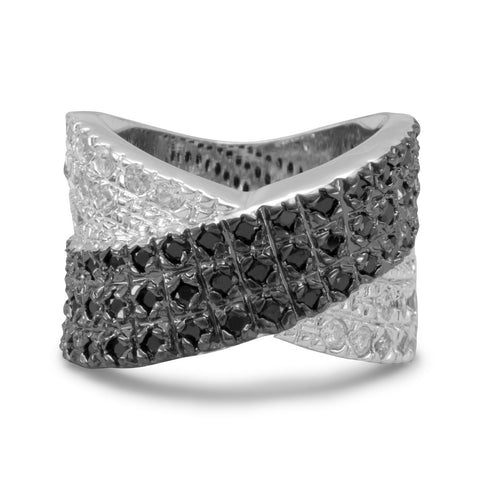 Rhodium Plated Brass Ring with Black and White CZs