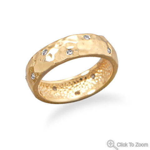 Hammered 14 Karat Gold Plated Brass Band with CZs