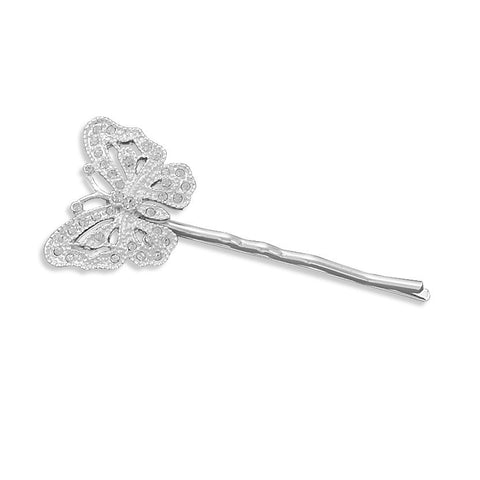 Silver Plated Fashion Bobby Pin with Crystal Butterfly