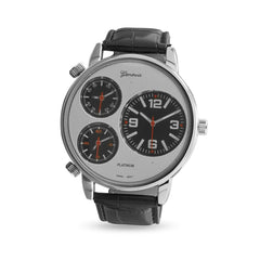 Black Leather Three Dial Fashion Watch