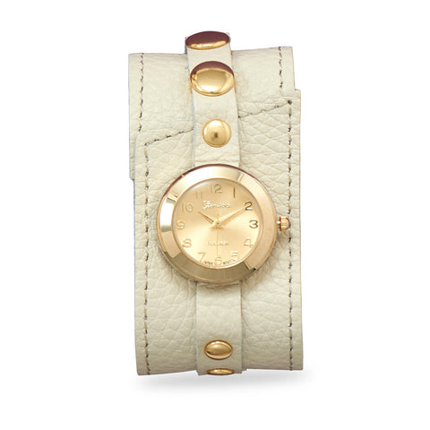 Cream Leather Fashion Watch with Gold Tone Accents