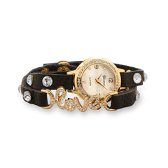Leather Fashion Wrap Watch with Gold Tone Crystal 