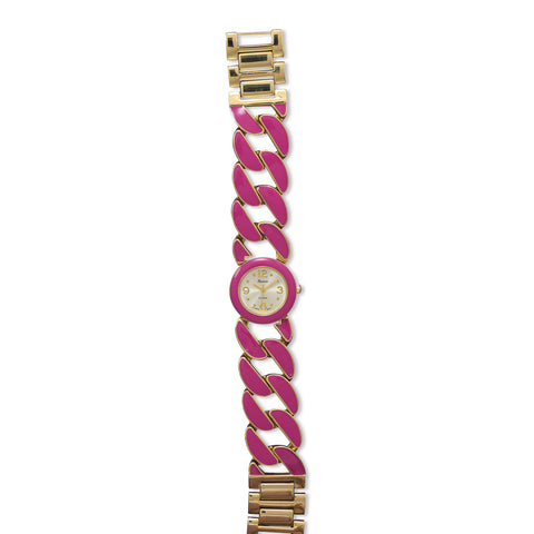 Gold Tone Curb Link Fashion Watch with Hot Pink Epoxy